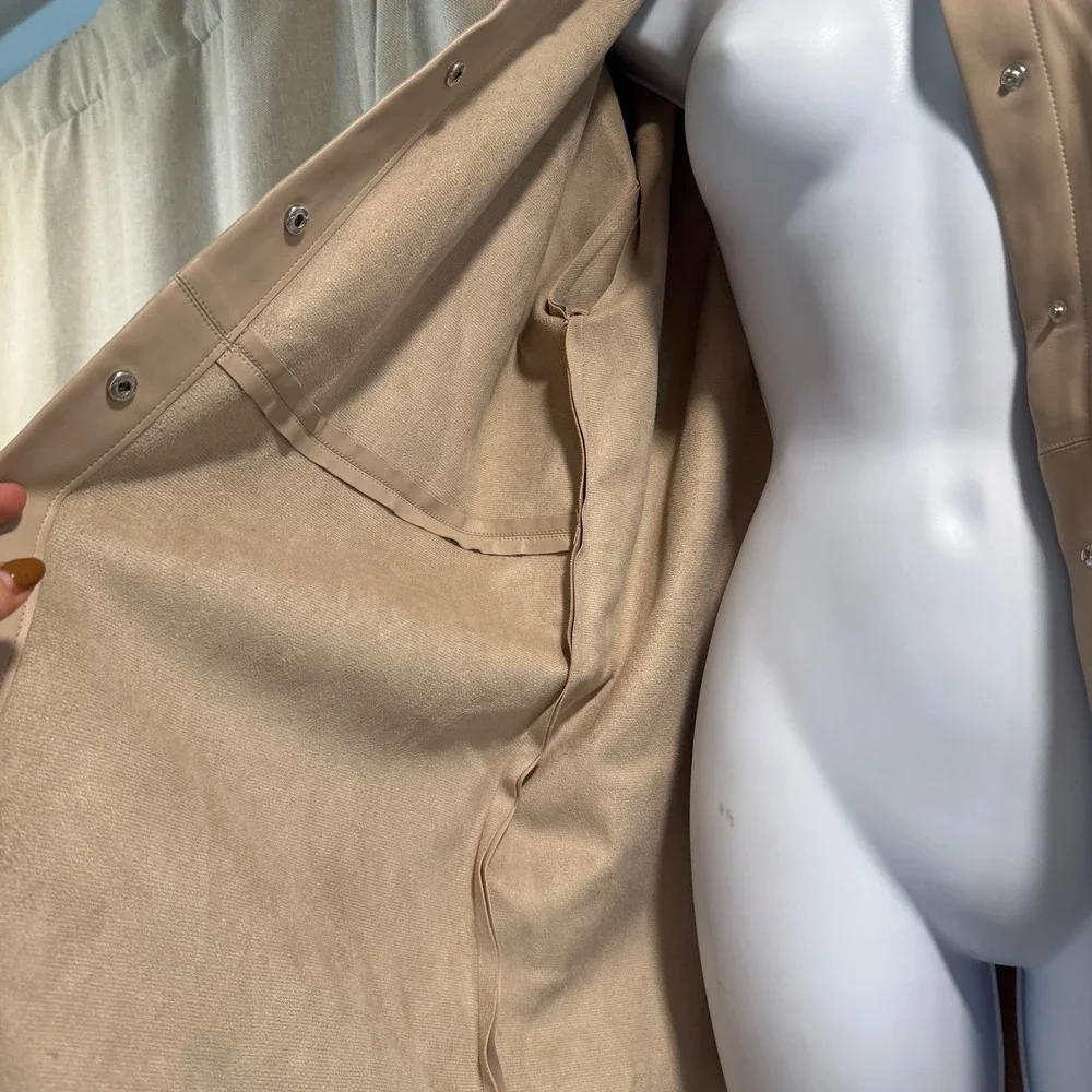 Verasona Faux Leather Shirt‎ Dress Beige Button Front Long Sleeve Career Medium